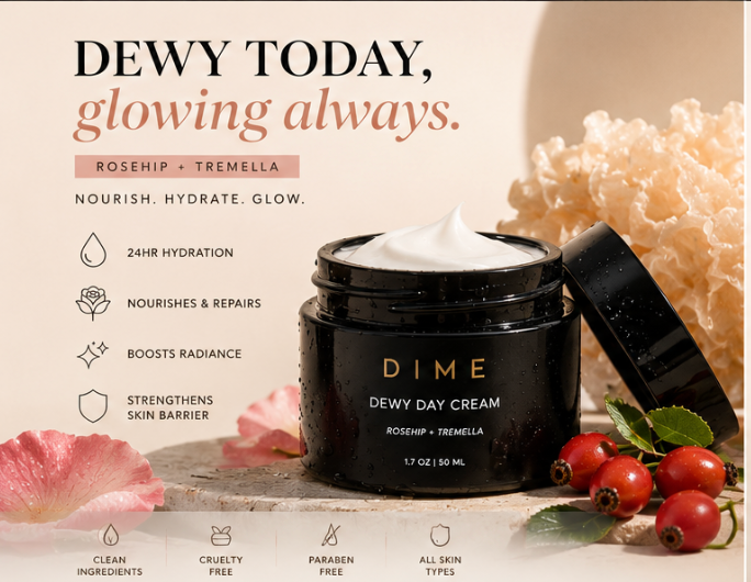DIME Beauty Dewy Day Cream Morning Face Moisturizer with Rosehip Oil and Snow Mushroom 1.7 oz / 50 ml