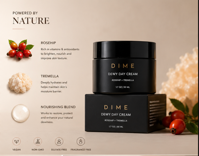 DIME Beauty Dewy Day Cream Morning Face Moisturizer with Rosehip Oil and Snow Mushroom 1.7 oz / 50 ml