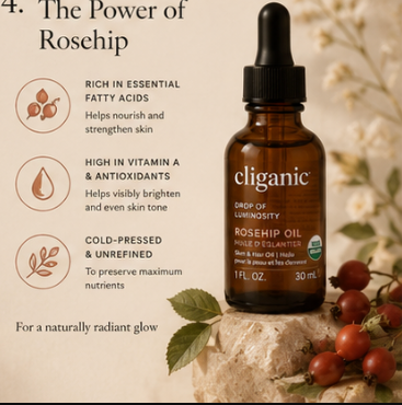 Cliganic Organic Rosehip Seed Oil — 100% Pure, Cold-Pressed (1 fl oz)