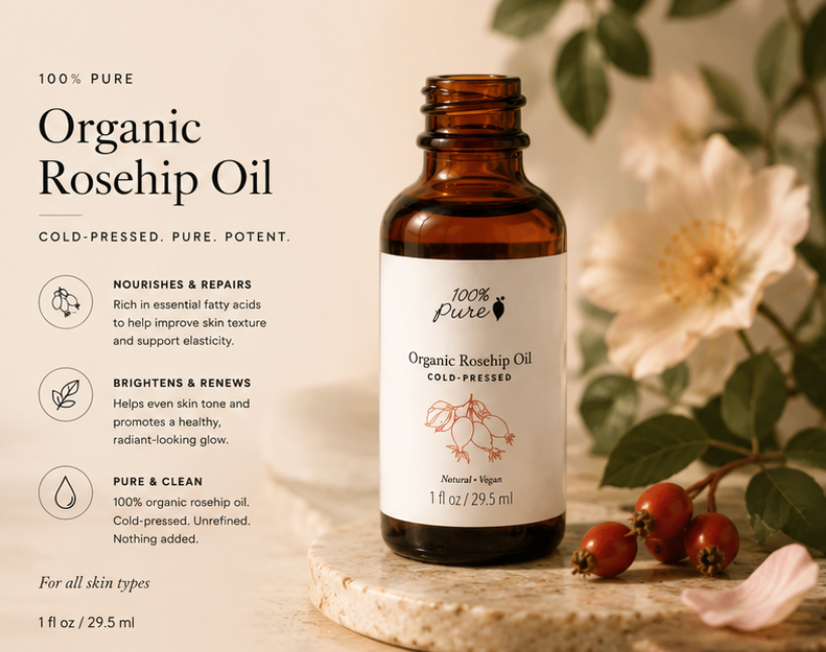 100% PURE Organic Rosehip Oil — Cold-Pressed Moisturizer (1 oz)